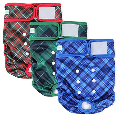 wegreeco Christmas Washable Dog Diapers (3 Pack), Highly Absorbent Dog Diapers for Female Dogs, Female Dog Diapers for Dogs in Heat, or Excitable Urination (Blue, Green, Red Plaid, Medium)