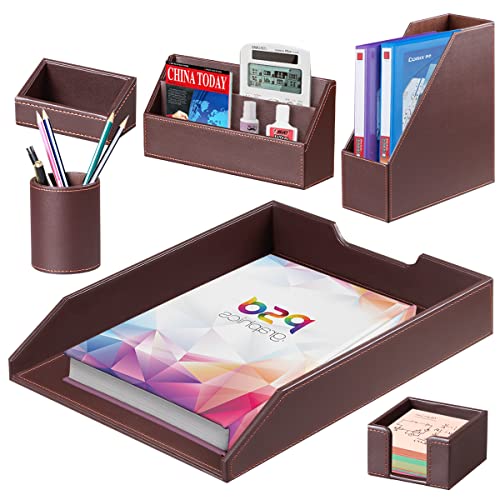 Lot de 6 accessoires de bureau avec porte-gobelet, trieur de courrier, plateau, porte-revues, porte-carte de nom, fournitures de bureau pour la maison ou le bureau (marron) Cover