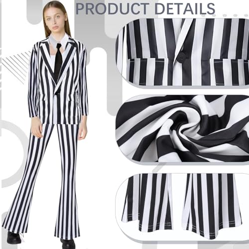 Women Black White Vertical Striped Kit Movie Slim Fit Suits Sexy Blazers Open Front Jacket with Pant Tie Halloween Cosplay4