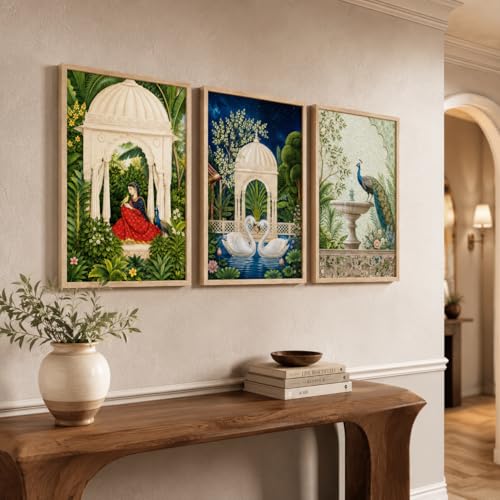Image of Livin'luxe Set of 3 Royal Garden Wall Paintings for Living Room Dining Bedroom Home Decor with Premium Wooden Color Synthetic Frame (25.5 x 19.5 Inch) NM03-74