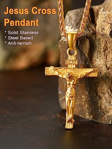U7 Men Crucifix Cross Pendant with Chain Baptism Christian Jewelry Stainless Steel/18K Gold Antique Jesus Necklace, Gift Packed,Length 22"3