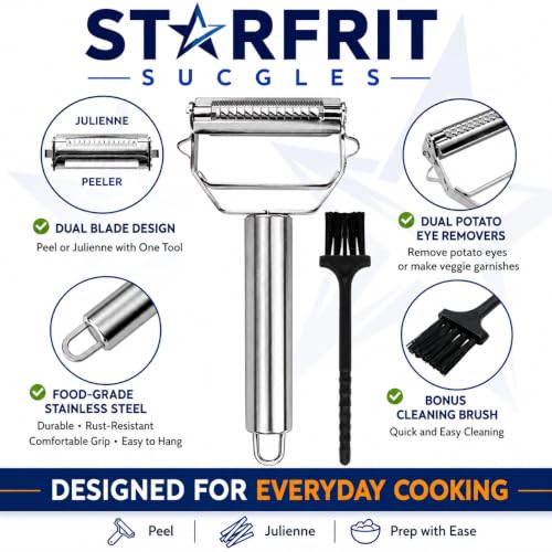Image of STARFRIT SUCGLES 3-in-1 Stainless Steel Vegetable Peeler with Cleaning Brush, Julienne Slicer & Fruit Peeler, Ultra Sharp Kitchen Cutter and Shredder for Potato, Carrot, Cucumber & Vegetables