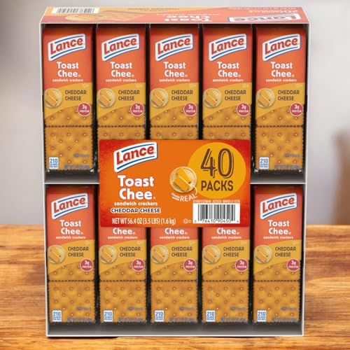 Lance ToastChee Cheddar Cheese Crackers, 1.41 oz. (40 Packs, 6 Crackers Each), Real Cheddar Cheese, Cholesterol-Free, 3g of Protein per Serving – Perfect for School Lunches and Quick Snacks