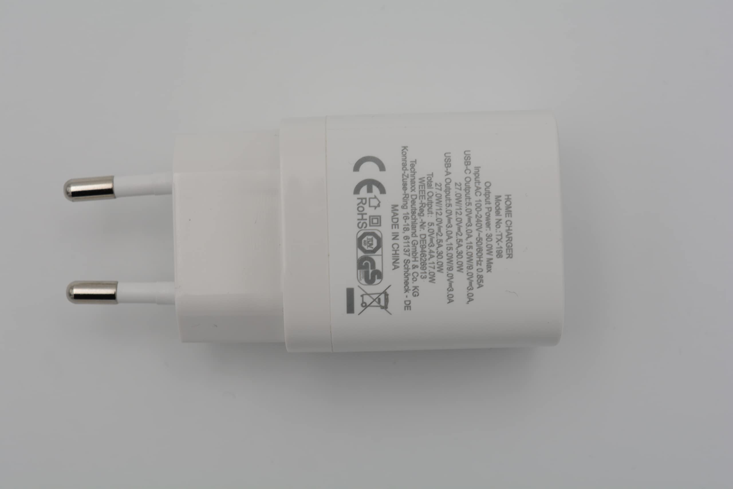 Technaxx Caricatore rapido TX-198 a doppia porta da 30 W per cellulari e dispositivi – Spina di alimentazione per cavo di ricarica – 1 USB C, 1 caricatore rapido USB-A, monitoraggio della carica