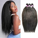 Brazilian Kinky Straight Human Hair Bundles 3 Bundles 100% Unprocessed 10A Human Hair Weave Bundles Yaki Straight Human Hair Extension Natural Color(14 16 18)