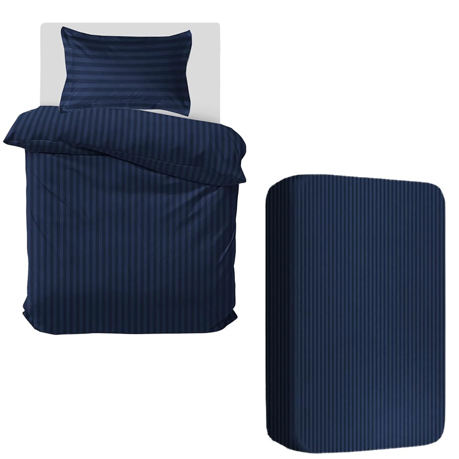 MOONLIGHT20015 3 Piece Single Bedding Set Satin Stripes Duvet Cover Fitted Sheet with Pillow case Hotel Quality Soft Brushed Microfiber Navy
