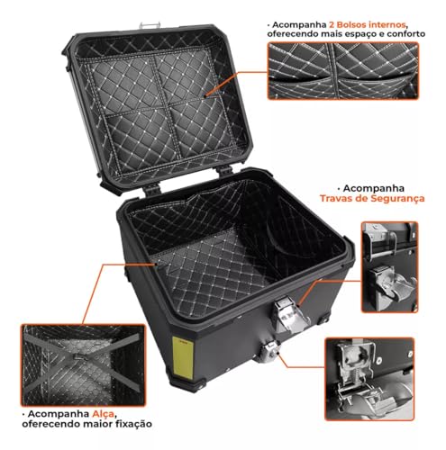 Bau Moto Universal 45 L + Kit Base Fixação + Trava Antifurto Modelo aluminio