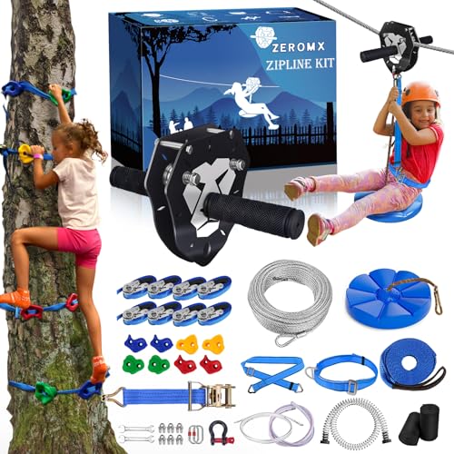160FT Zip Line Kit for Kids & Adults, Up to 360 lbs - Updated Removable Trolley, Thickened Seat, Safety Harness, Quick Tighten - Backyard Outdoor...