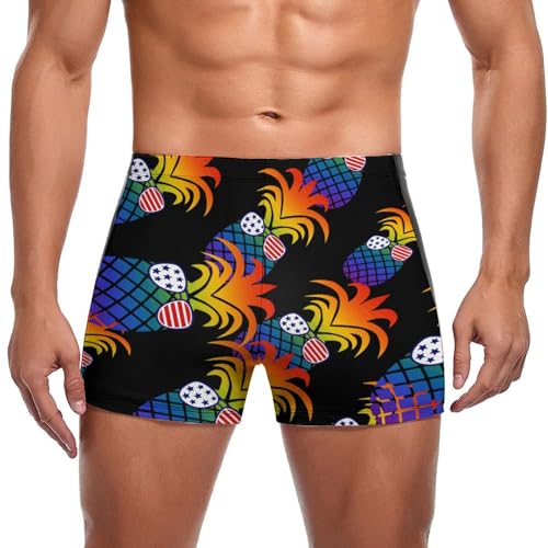 USA Flag Pineapple Men's Square Leg Swim Briefs Athletic Swim Trunk Beach Swimwear Bathing Suit