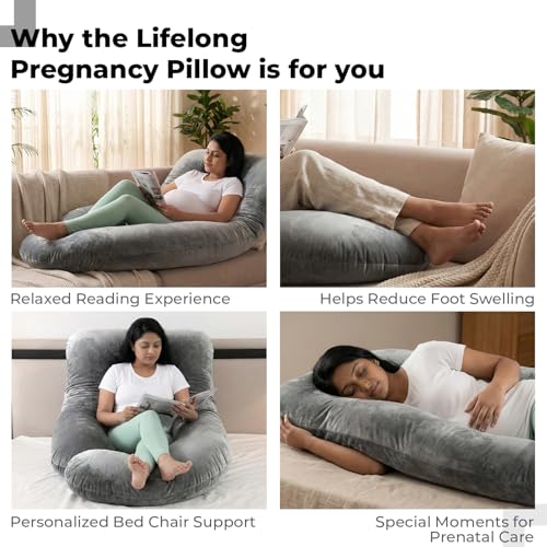 Image of Lifelong Pregnancy Pillow for Women | J-Shaped Full Body Maternity Pillow for Sleeping | Support for Belly, Back, Hips & Legs | Multipurpose Hug Pillow for Nursing & Pregnant Women with Velvet Cover
