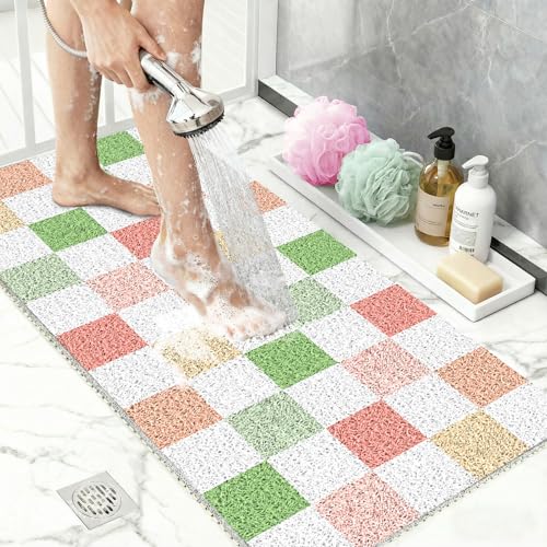 BLESWIN Loofah Mats for Shower 24x16 PVC Bath Mat for Inside Shower Bath Mat for Tub Non Slip Checkered Shower Quick Dry Mats with Drain Hole Colorful Checkered