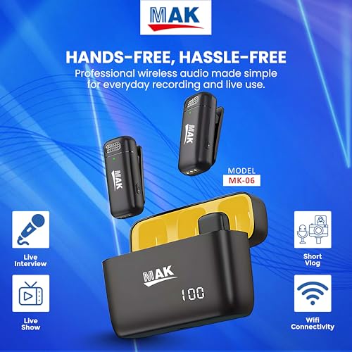 Image of MAK Dual Wireless Lavalier Microphone System with Charging Case, ANC Noise Reduction, Type-C Receiver, Long Battery Life for Vlogging, YouTube, Interviews & Content Creation