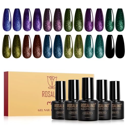 ROSALIND Esmaltes Semipermanentes Camaleón, 12 Colores Azul Púrpura Verde Dorado Negro Camaleón Esmaltes Semipermanentes Para Uñas, Soak Off UV/LED Pintauñas Semipermanente Para Manicure
