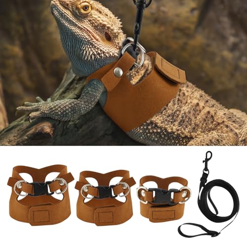 3 Pack Bearded Dragon Harness and Leash Set Adjustable Soft Leather Lizard Harness 3 Sizes with Retractable Leash Small Animal Traction Rope Walking Vest Accessories for Lizards, Other Reptile