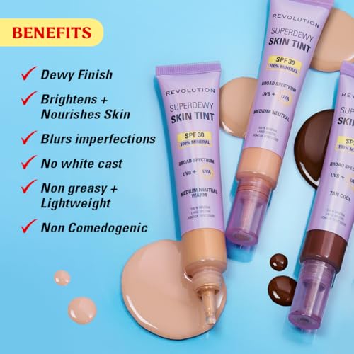 Image of Revolution Superdewy SPF 30 Skin Tint, Medium Neutral | Tinted Mineral Face Foundation, Buildable Coverage for Facial Glow, 12% Zinc Oxide, Vegan & Cruelty-Free