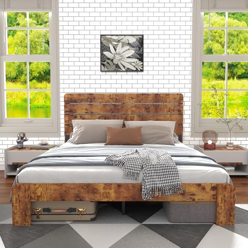 I0I&I0I Cama doble de madera y metal, estructura de cama de matrimonio antigua con cabecero alto y somier de láminas de hierro, diseño de marco de metal resistente para dormitorio, habitación de