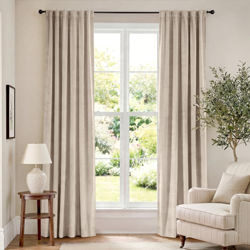 Lazzzy Velvet Blackout Curtains Thermal Insulated Room Window Drapes Super Soft Luxury Curtains for Living Room Bedroom Rod Pocket 2 Panels, Beige, 52' W x 84' L
