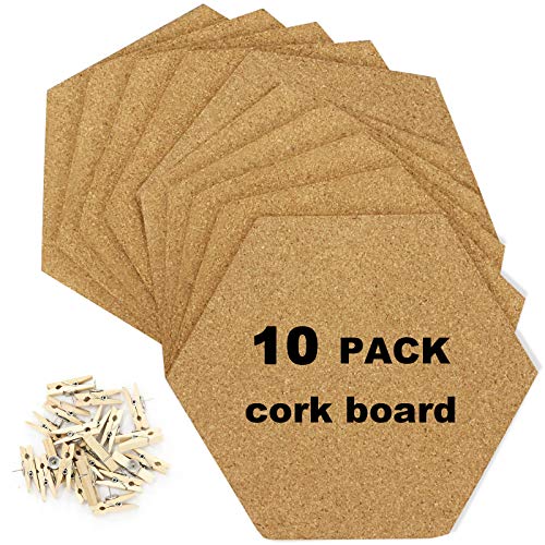 CRCHOM 10 Pack Bulletin Board, Pin Board, Hexagon Cork Board with Adhesive Backing & 20 PINS Memo Boards Message Board Wall Décor for Office/Home/Kitchen/Restaurants/Dorm Room