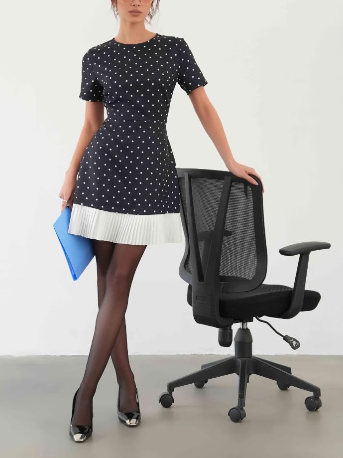 Polka Dot Mini Dress for Women Round Neck Short Sleeve Pleated Hem Mini Dress for Office Summer Outfit 20253