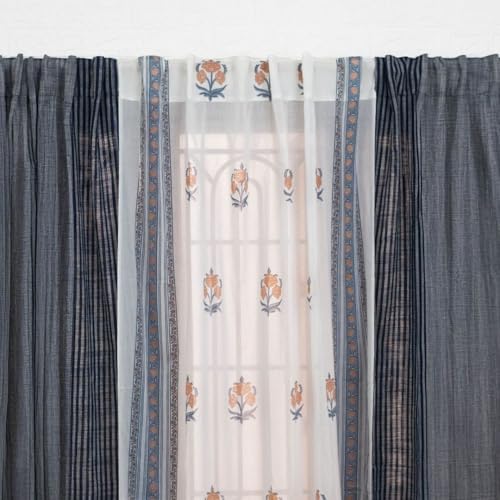 Image of Peepul Tree Pure Cotton and fine Mulmul Curtain Set of 2 Handwoven and 1 Sheer Curtain | Blue and Dusty Pink | 7 ft| Set of 3 | Royal Courtyards Collection
