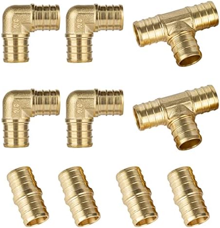 16-Piece PEX Fitting Set - 1/2 Inch Brass Barb Crimp Connectors (Straight, Elbow, Tee)