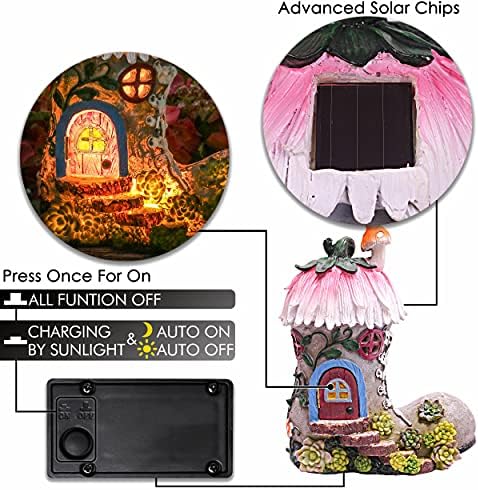TERESA'S COLLECTIONS Pink Boot Fairy House Garden Ornaments with Solar Powered Lights, Waterproof Resin Garden Statue Outdoor Cottage Figurines for Patio Lawn Yard Decorations, 22.4cm