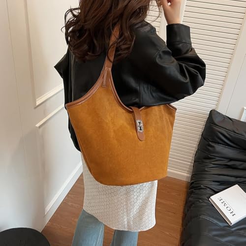 Image of Brown Suede Tote Bag for Women Trendy Hobo Bag Bucket Tote Bag Work Hobo Handbags