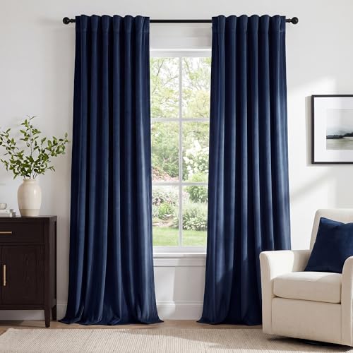 Image of Navy Blue Velvet Extra Curtains for Living Room, W52xL120, 2 Panels | 300GSM Soft Velvet, Thermal Insulated, Back Tab Curtain Panels Elegant Decor, Window Drapes for Dining Room, Kitchen, Office