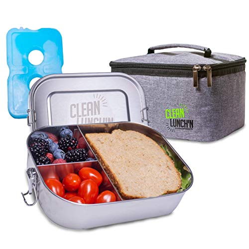 Clean Lunch N Large Stainless Steel Bento Box, with 3 Sections – 50 Oz. Freezer-Safe Meal Prep Container for Kids & Adults – Eco-Friendly & Great for Snacks on the Go – Includes Lunch Bag & Ice Pack
