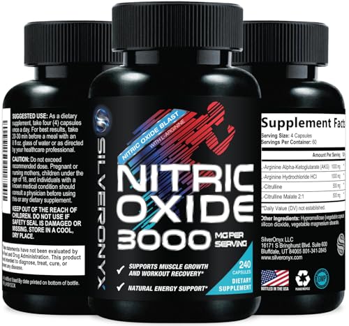 Extra Strength Nitric Oxide Booster 3000mg - 3X L-Arginine AKG & HCI + L-Citrulline Malate - Best Muscle Supporting Nitric Supplement - Natural Energy, Heart Health Support Bottled USA - 240 Capsules