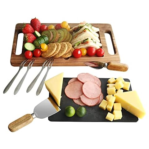 hecef Juego de 8 Tablas de Quesos de Madera de Acacia, Bandeja Madera con Pizarra Natural, 2 Cuchillos de Queso, 4 Tenedores, Tabla de Embutidos Cover