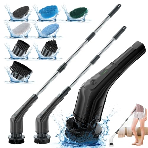 Fregadora giratoria eléctrica, 2 velocidades ajustables con 8 cabezales de cepillo reemplazables, fregadora de ducha con mango ajustable y desmontable, limpieza profunda para baño y cocina, para piso,