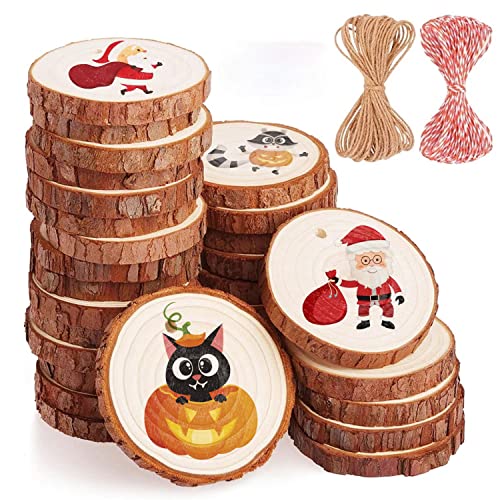 Natural Wood Slices 32 Pcs 2.75-3.14 Inches Unfinished Craft Wood kit Predrilled with Hole Wooden Circles Tree Slices for Arts and DIY Crafts Christmas Ornaments Wedding Decorations Gifts