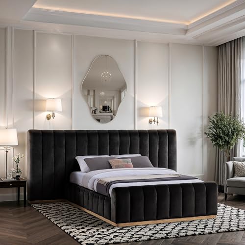 Image of Meridian Furniture AmaraBlack-Q117 Collection Modern | Contemporary Queen Bed, Ultra Luxe Black 460 GSM Velvet, Natural Finish, Solid Wood Base and Inner Frame, 117 inch W x 99 inch D x 51 inch H, Black, Queen