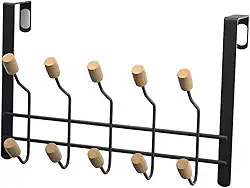 Cabide de Porta Sem Furar com 10 Ganchos – Suporte Organizador de Porta de Metal com Ponta de Madeira para Roupas, Toalhas e Bolsas – Instalação Rápida e Design Moderno