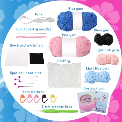 Image of ALODNY Crochet Kit for Adults,Knitting Kits Hooks Yarn Set with Step-by-Step Video Tutorials (Blue Pink)