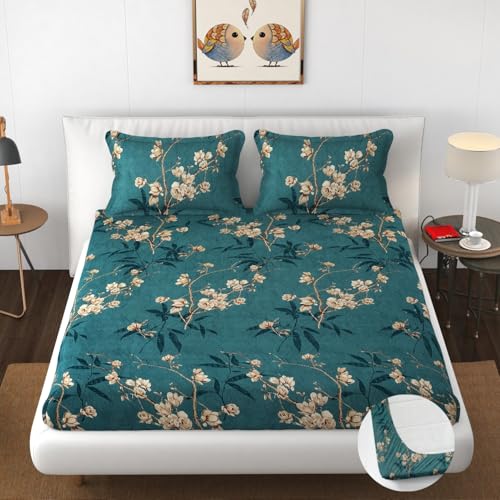 Image of Premium Heavy Cotton Elastic Fitted Bedsheets with 2 King Size Pillow Covers | Double Bed with All Around Elastic 350 TC | 72 x 72 x 10 Inch Queen Size Fitted | :- Green Flower