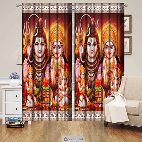 Image of 3D Digital Printed Heavy Fabric Shiva Family God Design Curtains for Pooja Room, Temple, Home, 4x7 feet, Set of 2 Pcs