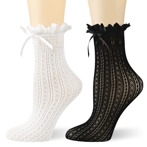 Image of BIVOLU Womens Ankle Socks Lace Ruffle Frilly Cotton Cute Princess Ankle Dress Socks for Girl 2 Pack