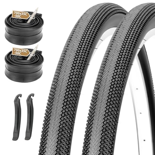 MOHEGIA 700c Gravel Bike Tires Set: 2-Pack 700x40c/42-622 mm Folding Bicycle Tires and Pair Inner Tubes with Tire Levers All-Terrain