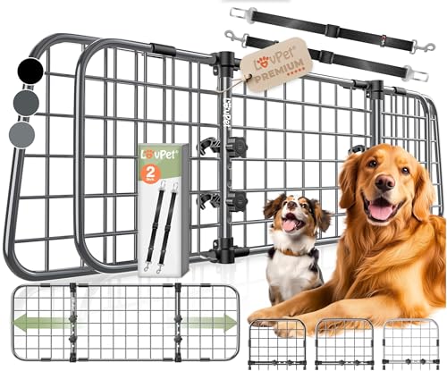 LOVPET Hundegitter Auto Kofferraum Universal Trenngitter für Hunde verstellbar 92152 cm ohne Bohren & einfache Montage Hundeschutzgitter Gepäckgitter Auto inkl. 2 Sicherheitsgurte Anthrazit
