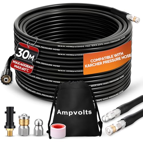 Ampvolts 30M Desatascador de Tuberías a Presión - 400 Bar/5800 PSI, Compatible con Hidrolimpiadoras Karcher K2 K3 K4 K5 K6 K7 - Limpia Fácilmente Tuberías y Desagües Obstruidos