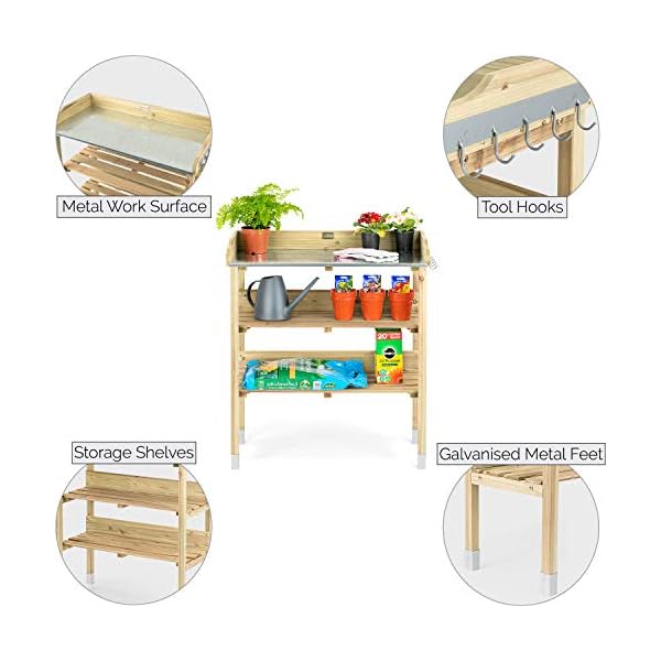 CHRISTOW Potting Table Bench With Hooks & Shelves, Wooden Outdoor Garden Table For Potting Plants, Galvanised Metal Top, H89cm x W76.5cm x D37cm - Image 3