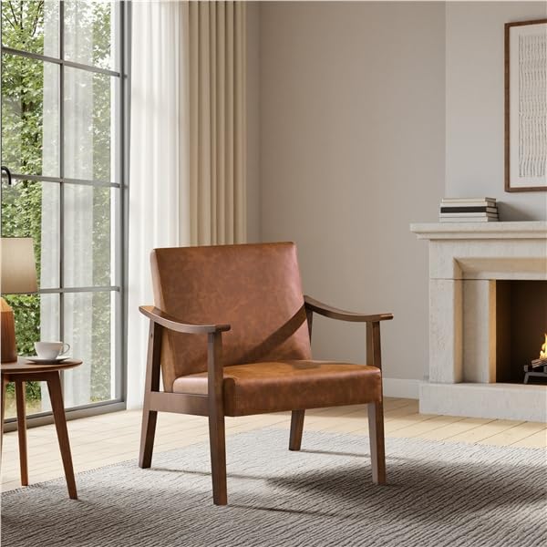 Yaheetech PU Leather Accent Chair, Mid-Century Modern Armchair with Solid Wood Legs, Reading Leisure...