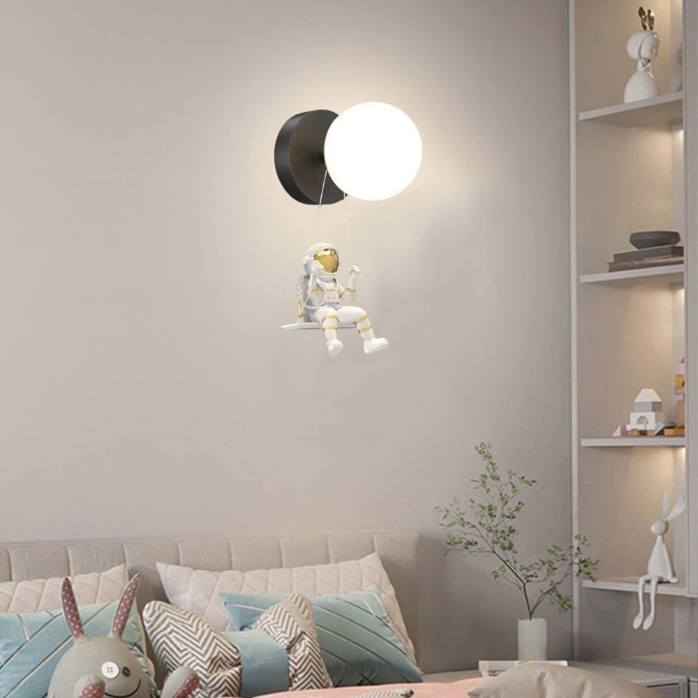 Modern Light Luxury Dimmable LED Wall Sconce Astronaut Style Kids Bedroom Wall Mount Light Farmhouse Black Mid Century Wall Lamp with White Milk Ball for Boy Girl Bedside Children