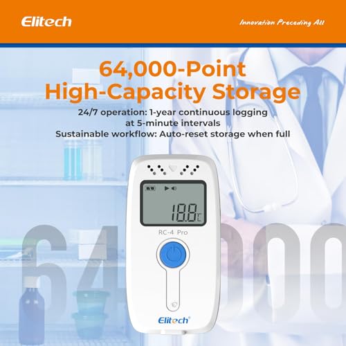 Elitech RC-4 Pro Wiederverwendbarer Temperaturdatenlogger, USB-Datenlogger für PDF & CSV, 64000 Datensätze, mit kostenloser Software & Akustischem Alarm
