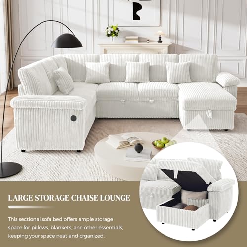 Image of Sectional Sleeper Sofa with Pull Out Bed and Storage Chaise, Fluffy Soft Corduroy Fabric, Modern Comfy U Shaped Couch with USB Charger for Living Room Apartment Small Spaces, Beige White