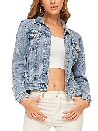 Romwe Women's Casual Long Sleeve Pockets Washed Distressed Denim Jean Jacket Blue L