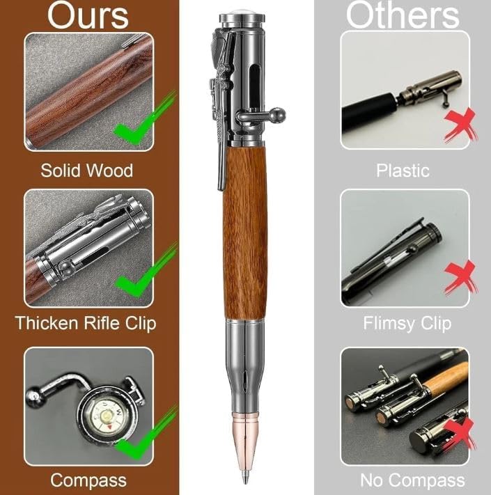 Image of bullet pen heavy metal realistic bolt action mechanism smooth writing ballpoint pen premium pocket clip stylish gift item for men (Brown)