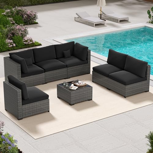 Image of LHBcraft 7 Piece Patio Outdoor Furniture Set, All-Weather Wicker Black Outdoor Sectional Patio Sofa, Rattan Outside Furniture with Cushion and Glass Coffee Table